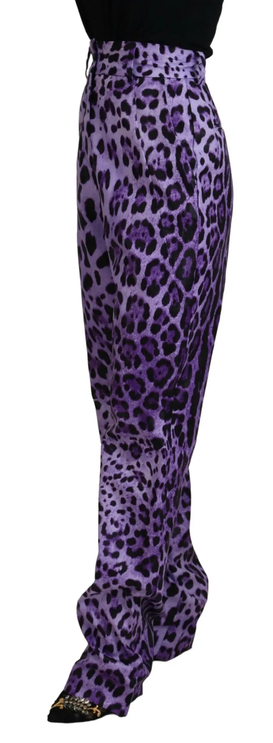 Pantalon large taille haute dolce & gabbana pour femme imprimé léopard violet avec bordure noire aux chevilles