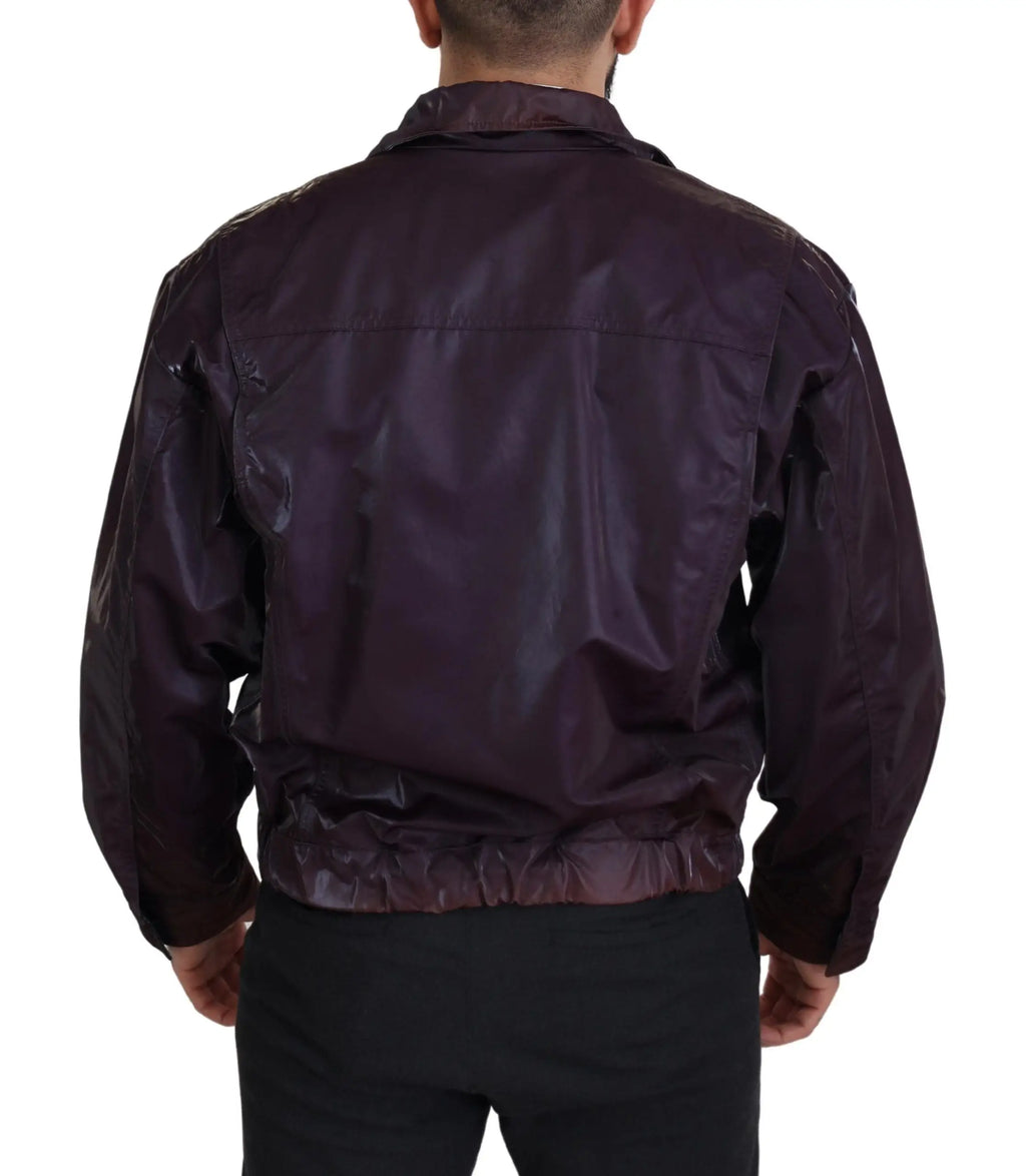 Veste bomber biker dolce & gabbana en nylon violet foncé avec finition brillante et poignets côtelés