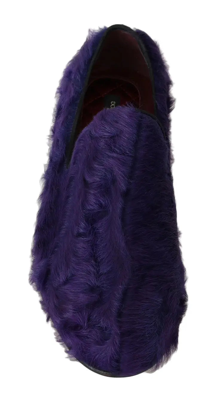 Dolce & gabbana mocassins violets en cuir avec fausse fourrure de mouton et bord noir slip-on pelucheux
