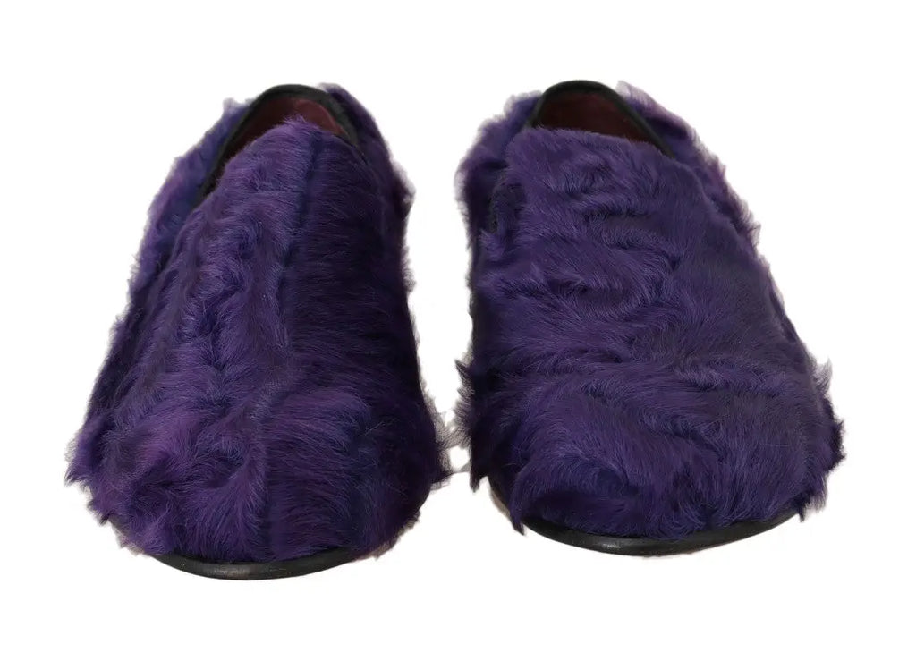 Dolce & gabbana mocassins violets en cuir mouton fourrure synthétique avec semelles en caoutchouc noir