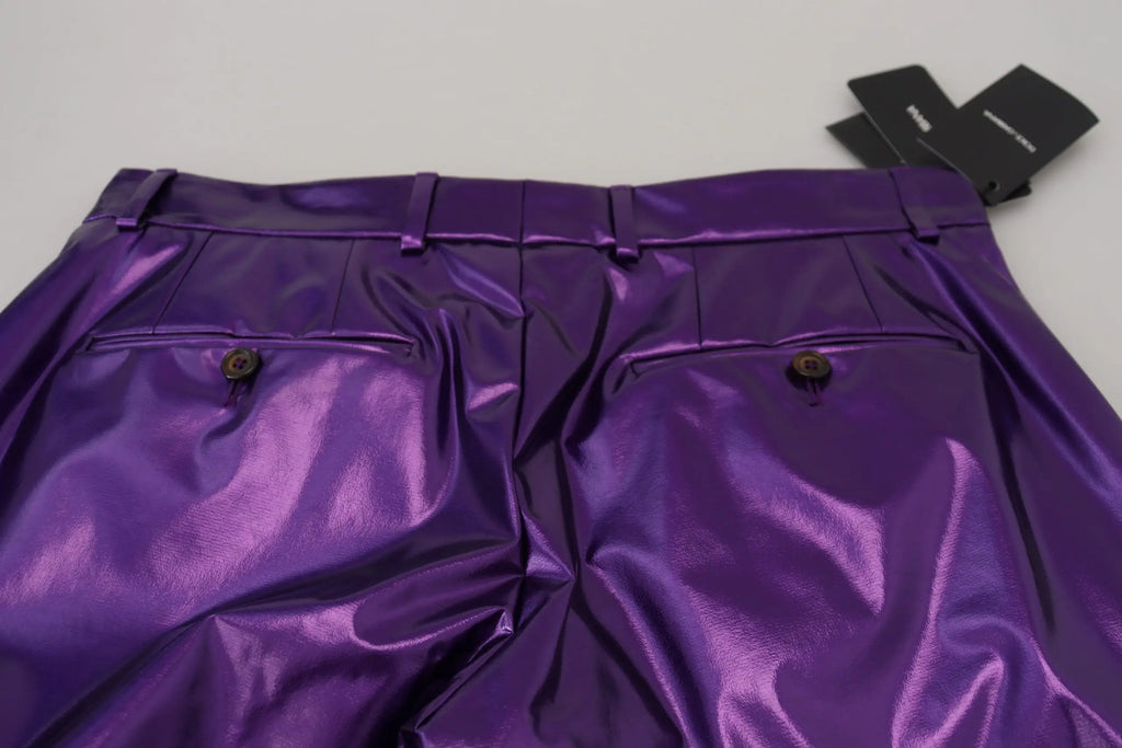 Dolce & gabbana pantalon homme décontracté violet métallique brillant avec finition réfléchissante et boutons marron foncé