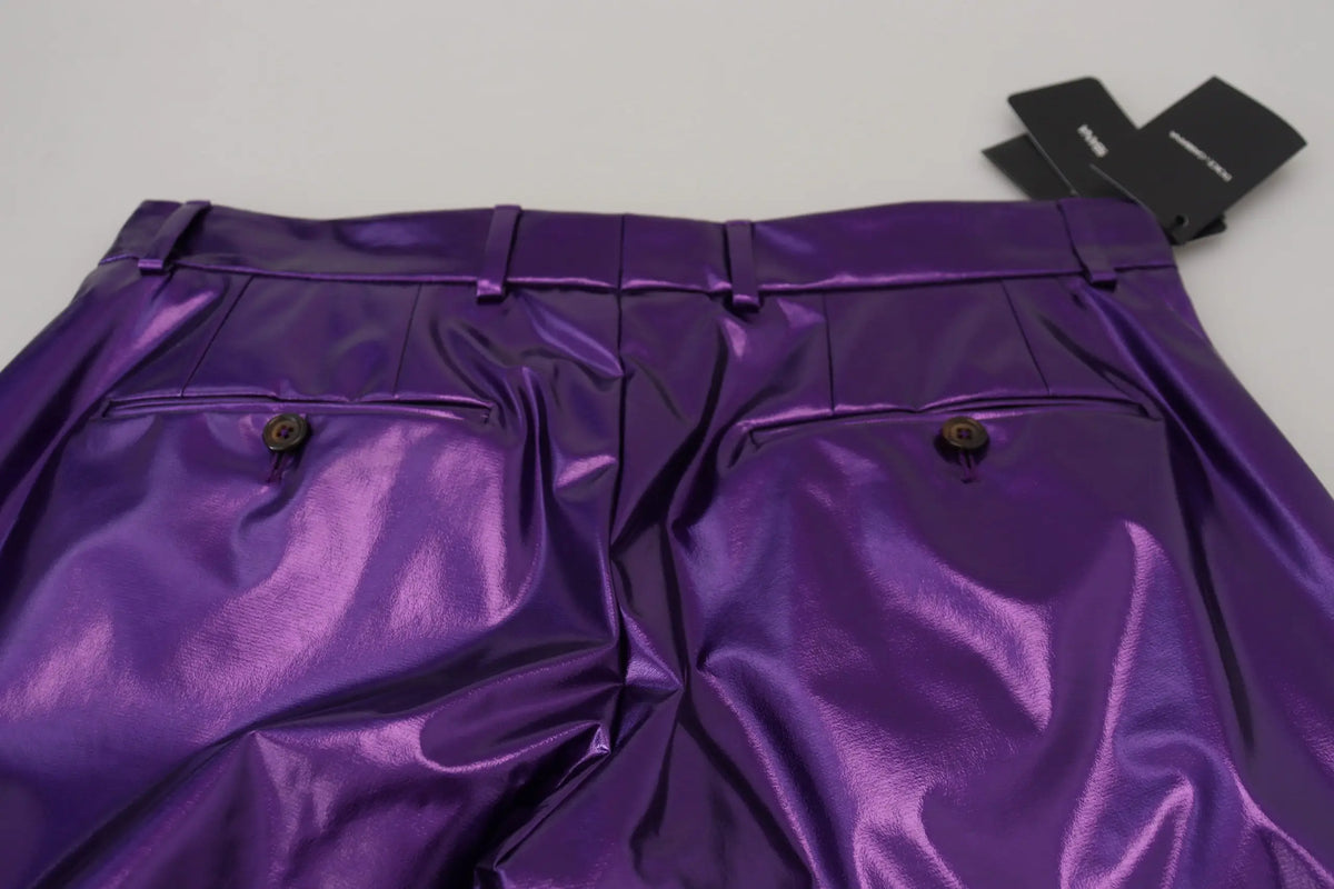 Dolce & gabbana pantalon homme décontracté violet métallique brillant avec finition réfléchissante et boutons marron foncé
