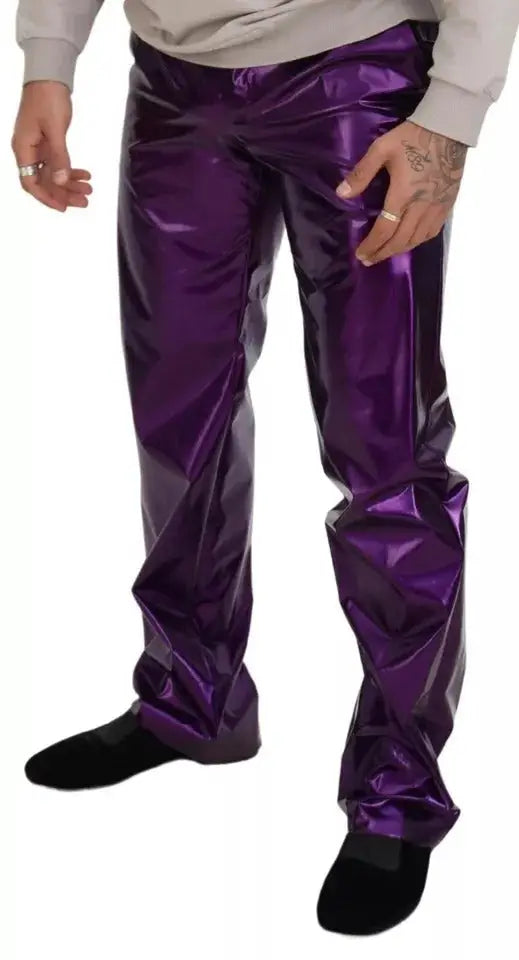 Pantalon homme casual dolce gabbana violet brillant en tissu métallique avec finition brillante et réfléchissante