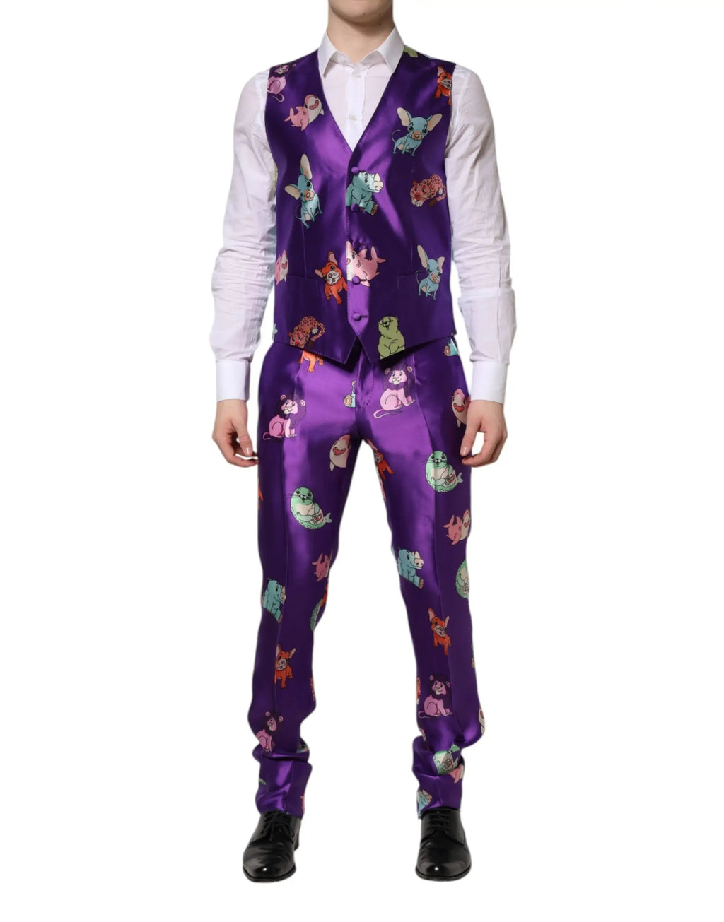 Ensemble trois pièces dolce & gabbana en satin violet avec motif ludique d’animaux colorés en soie