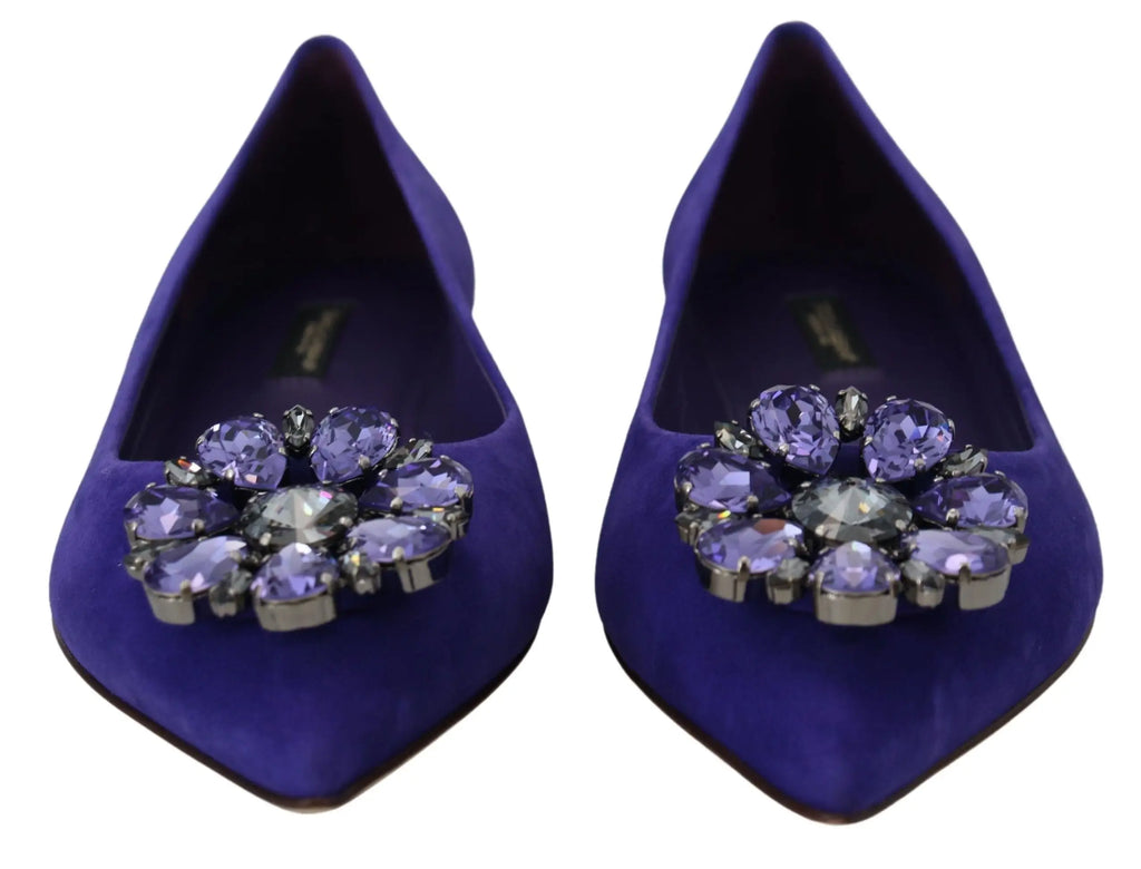 Dolce et gabbana chaussures plates en daim violet ornées d’un cluster floral de cristaux violets et transparents