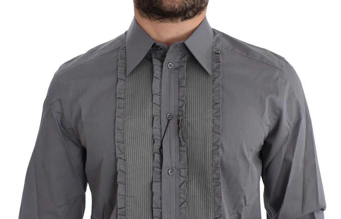 Chemise slim fit dolce & gabbana purple torero gold gris foncé rayée avec détails à volants sur la patte de boutonnage