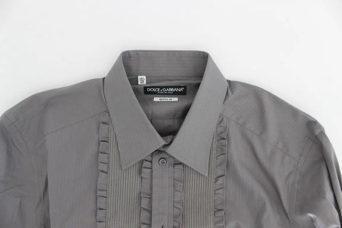 Chemise habillée slim fit dolce & gabbana pour homme grise avec panneau avant à rayures verticales et volants