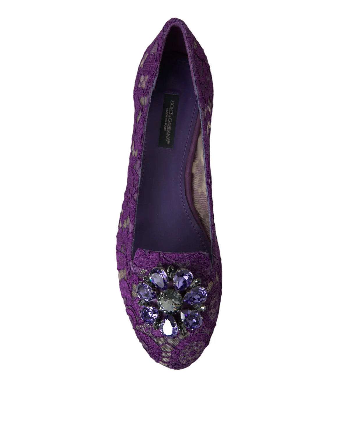 Dolce & gabbana purple vally taormina lace flats shoes with purple lace and floral cluster of purple and clear crystals