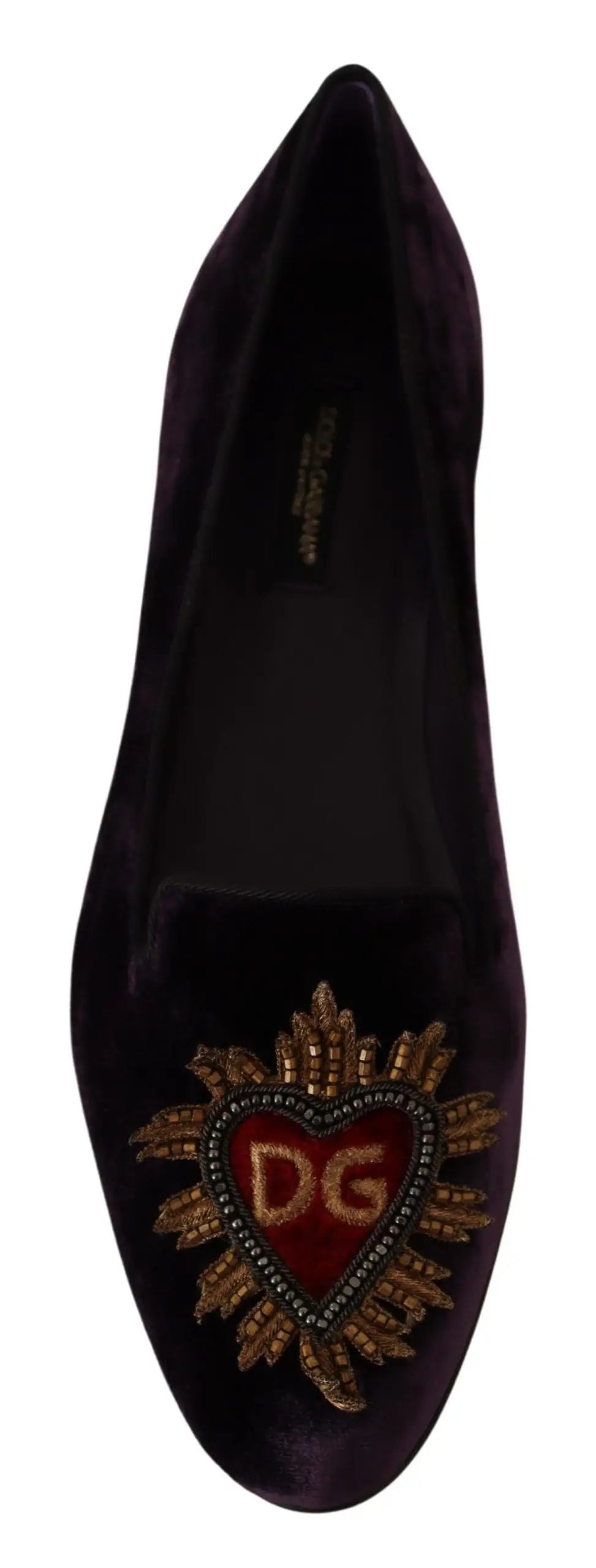 Chaussure plate dolce & gabbana en velours violet profond avec coeur brodé orné rouge et logo dg au centre