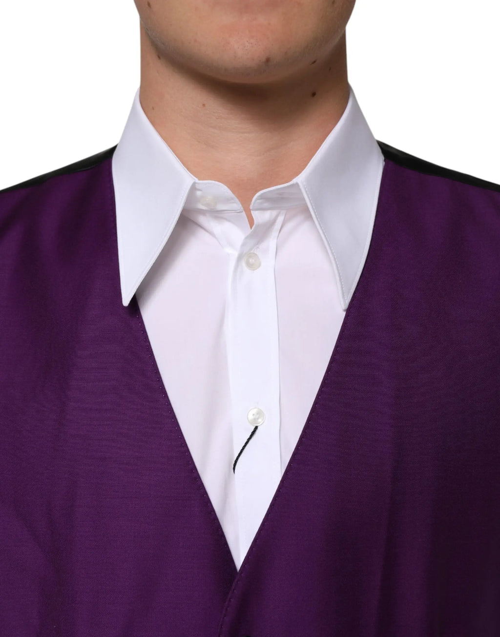 Dolce & Gabbana violet satin waistcoat with black trim over white button-down shirt made of wool for formal wear