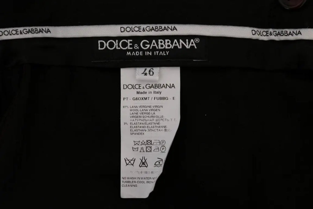Ceinture noire dolce gabbana avec logo blanc et étiquette d entretien sur pantalon formel violet en laine extensible