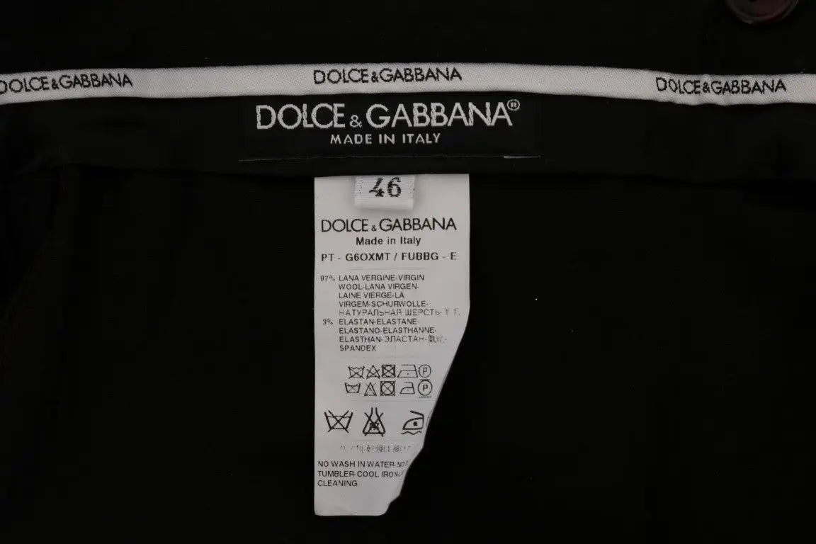 Ceinture noire dolce gabbana avec logo blanc et étiquette d entretien sur pantalon formel violet en laine extensible