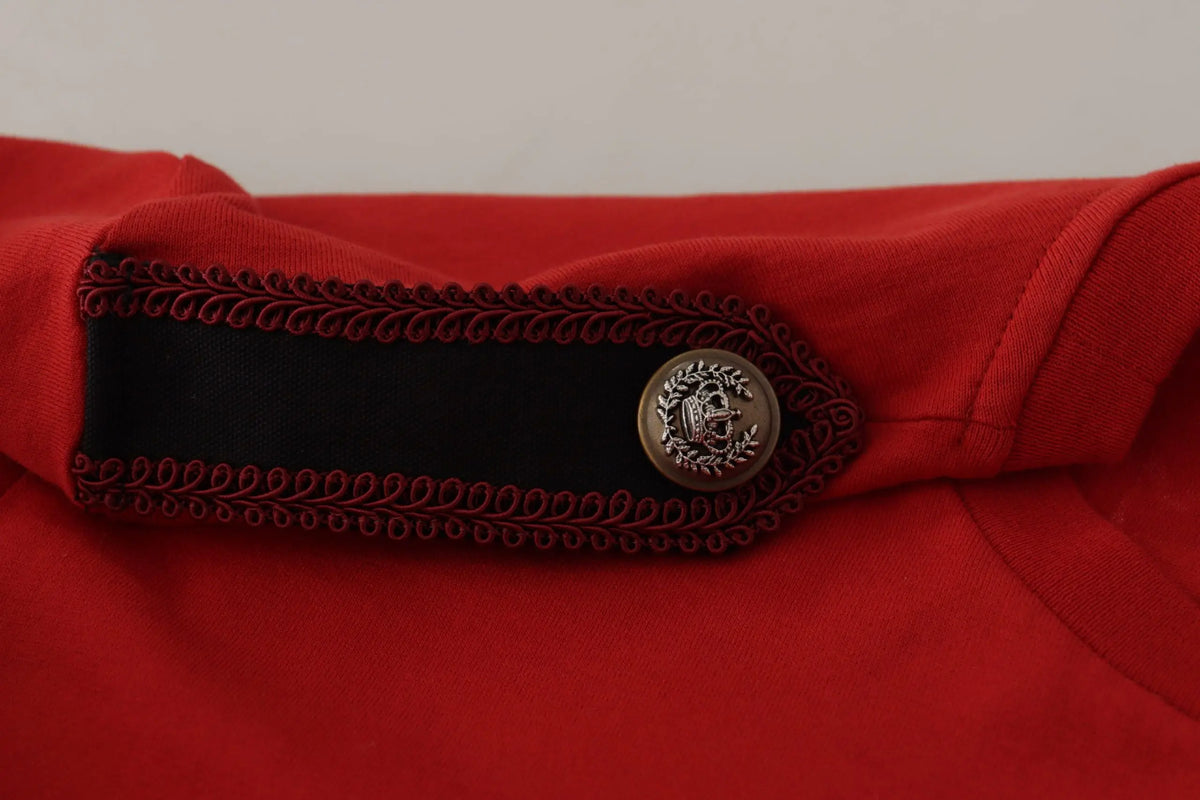 T-shirt dolce et gabbana rouge amour vincit omnia avec bande brodée noire et bouton argenté en tissu coton