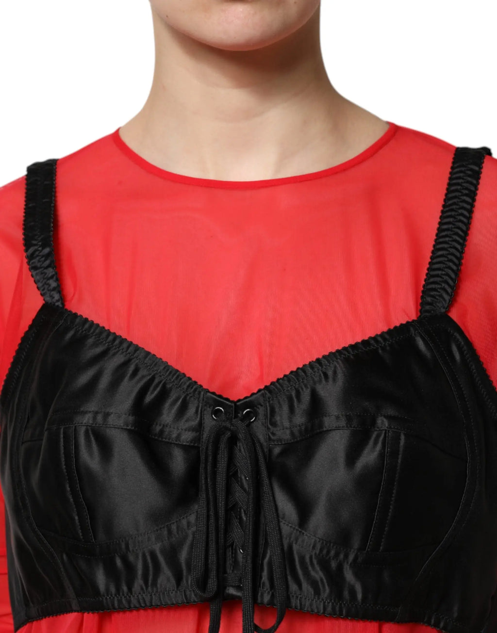 Black satin bra with lace-up front and ribbed straps featured in dolce & gabbana red black bustier detailing long sleeves top
