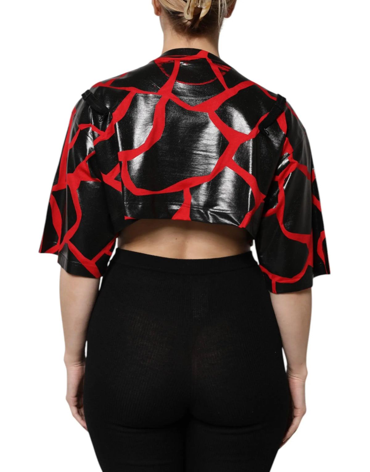 Dolce & gabbana bustier court en coton rouge et noir avec cuir craquelé brillant et finition vernie