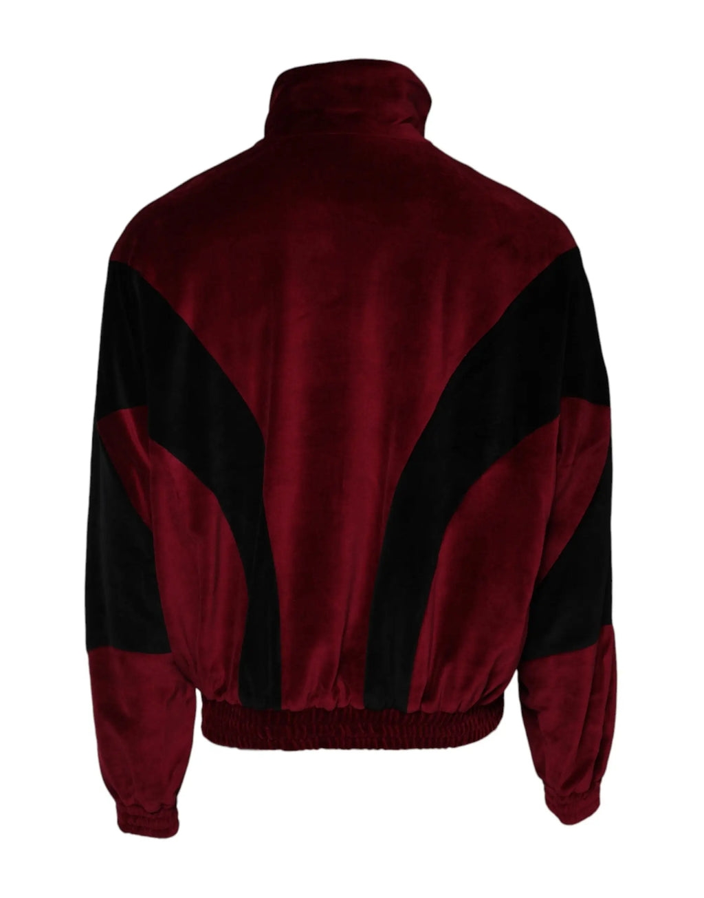 Veste bomber dolce & gabbana en coton rouge et noir vue de dos avec panneaux diagonaux en velours rouge bordeaux et noir
