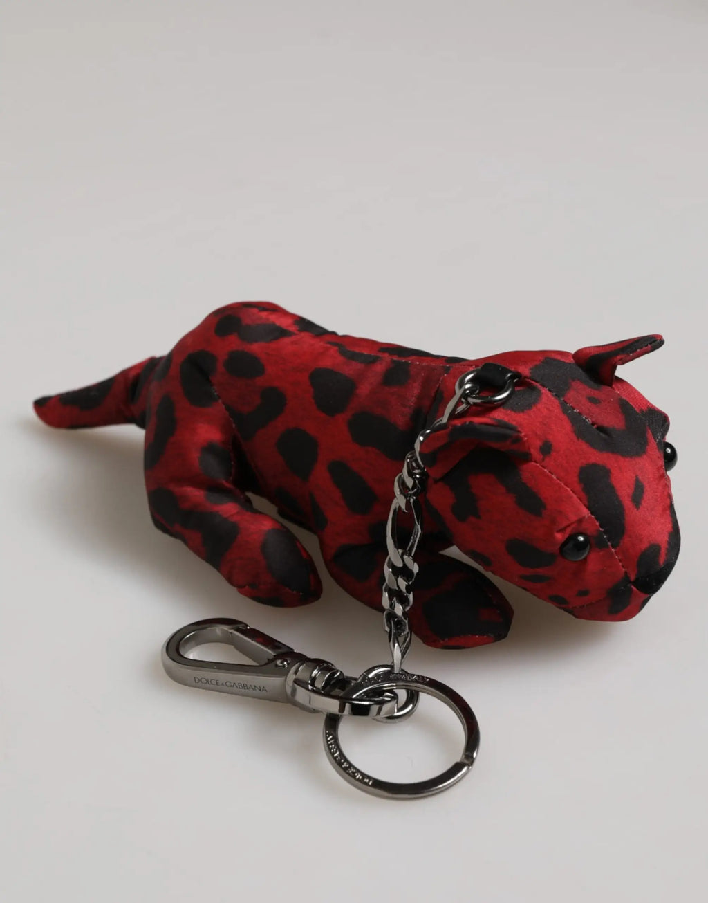 Dolce & Gabbana porte-clés en tissu polyester rouge et noir imprimé léopard avec mousqueton et anneau argentés