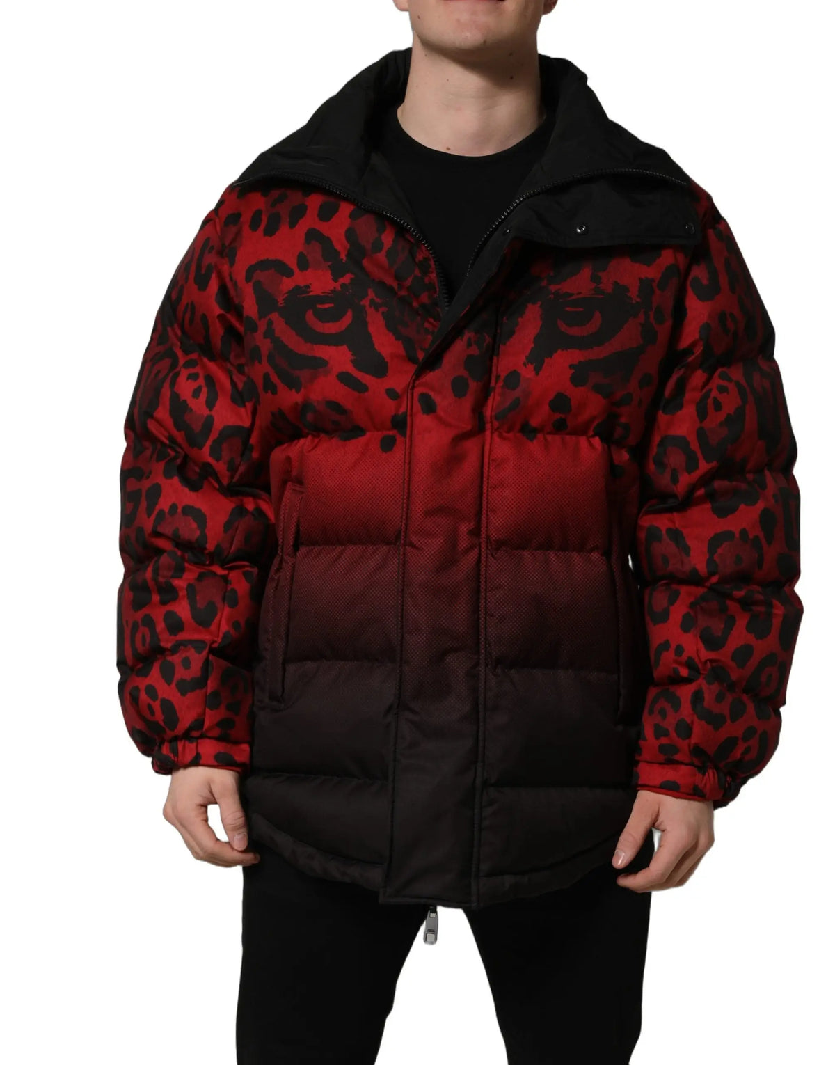 Dolce gabbana veste doudoune réversible rouge et noir avec imprimé léopard et dégradé sur le devant