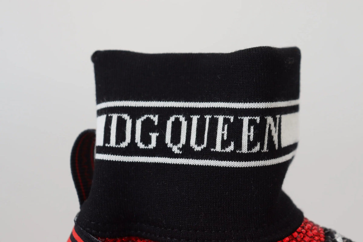 Chaussette noire en maille à la cheville avec lettrage blanc dgqueen et bordure rayée pour sneakers dolce gabbana
