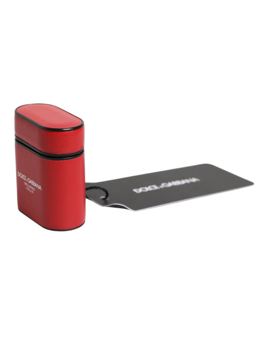 Étui airpods dolce & gabbana en cuir rouge calfskin avec logo imprimé et bordure noire style travel case milano