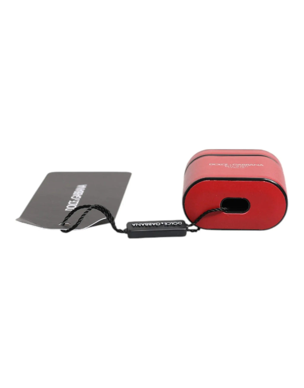 Étui pour airpods dolce & gabbana en cuir rouge avec imprimé logo et bordure noire avec étiquette assortie