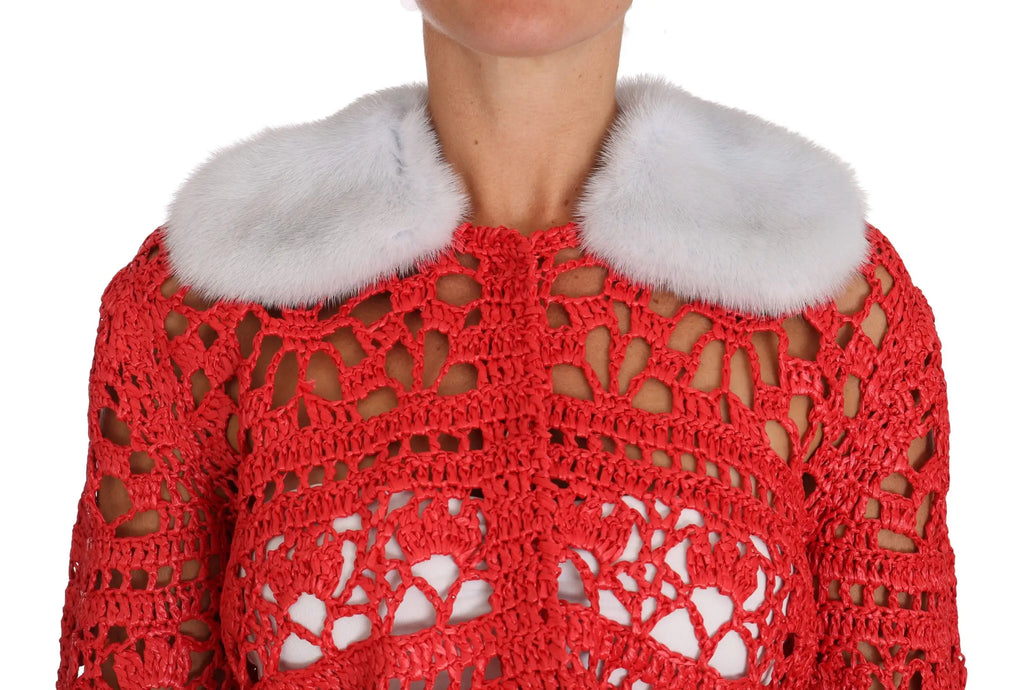 Cardigan rouge dolce & gabbana en crochet avec col en fourrure blanche raffia sweater en maille