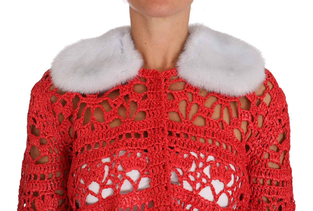 Cardigan rouge dolce & gabbana en crochet avec col en fourrure blanche raffia sweater en maille