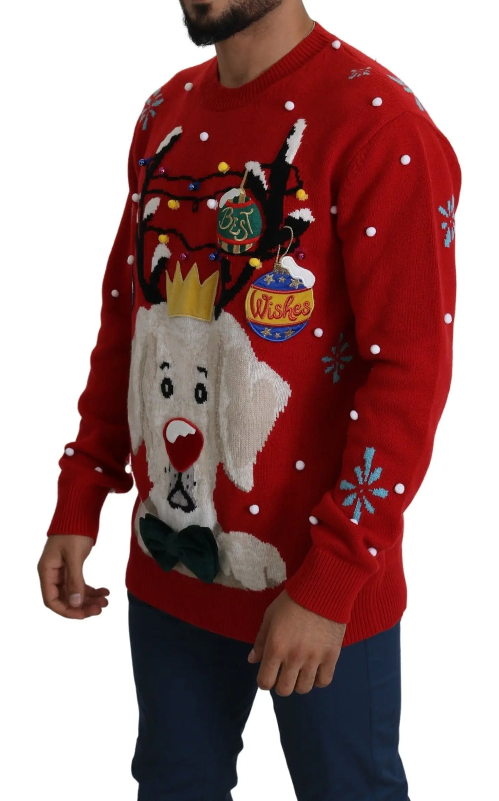 Pull-over en cachemire rouge dolce & gabbana avec motif cerf blanc couronne dorée et nœud papillon vert pour noël