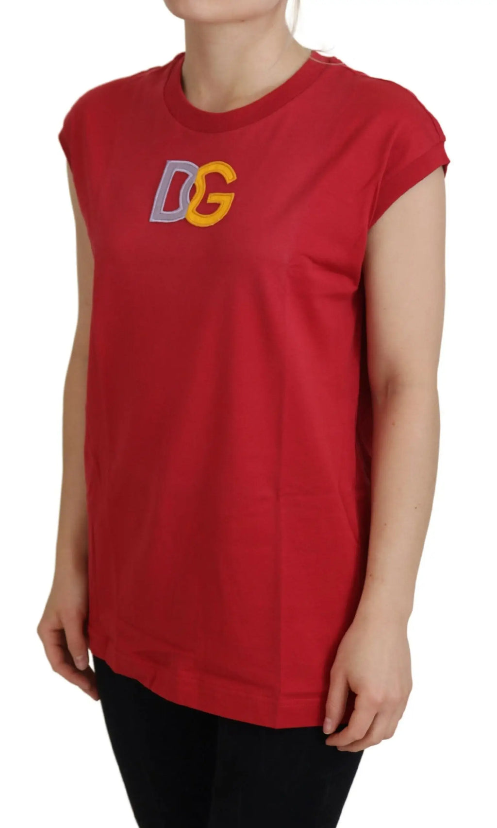 Dolce & gabbana débardeur rouge en coton avec logo dg brodé en argent et orange sur la poitrine