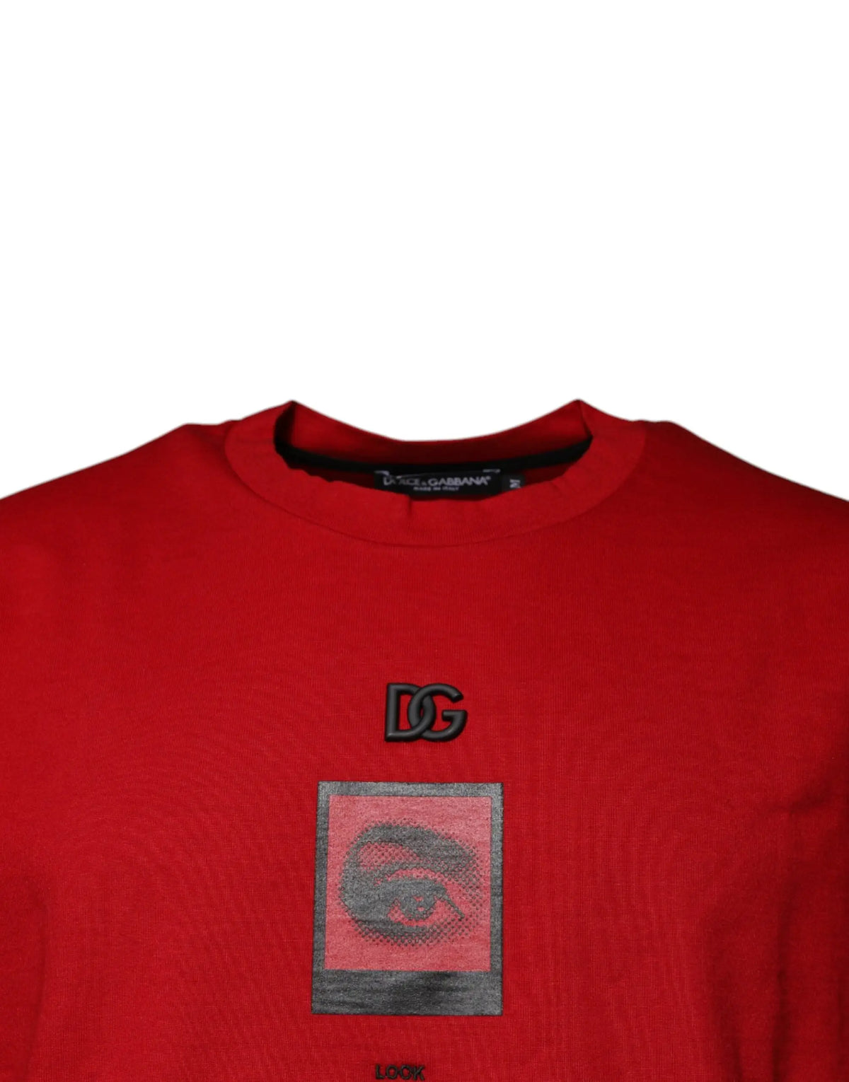 T-shirt rouge dolce & gabbana en coton avec logo dg noir et motif œil rose et gris sur le devant