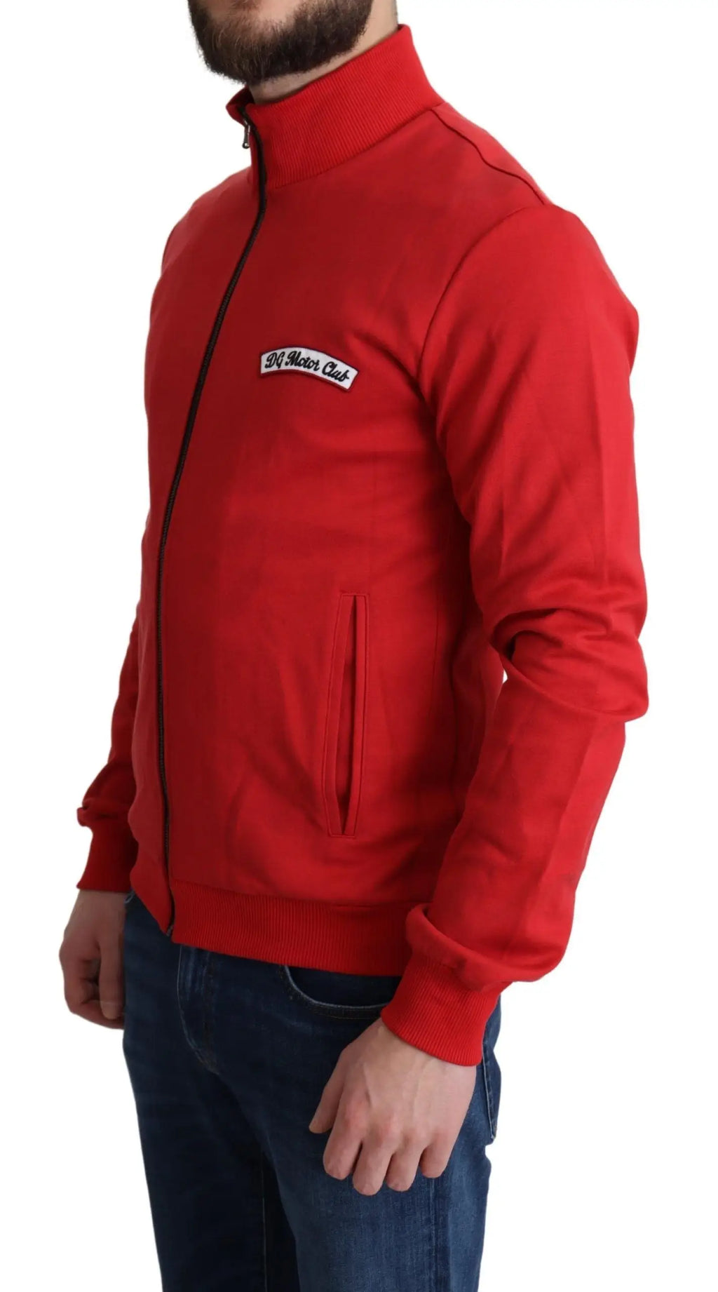 Veste zippée dolce & gabbana rouge avec col et poignets côtelés et logo brodé blanc sur la poitrine gauche