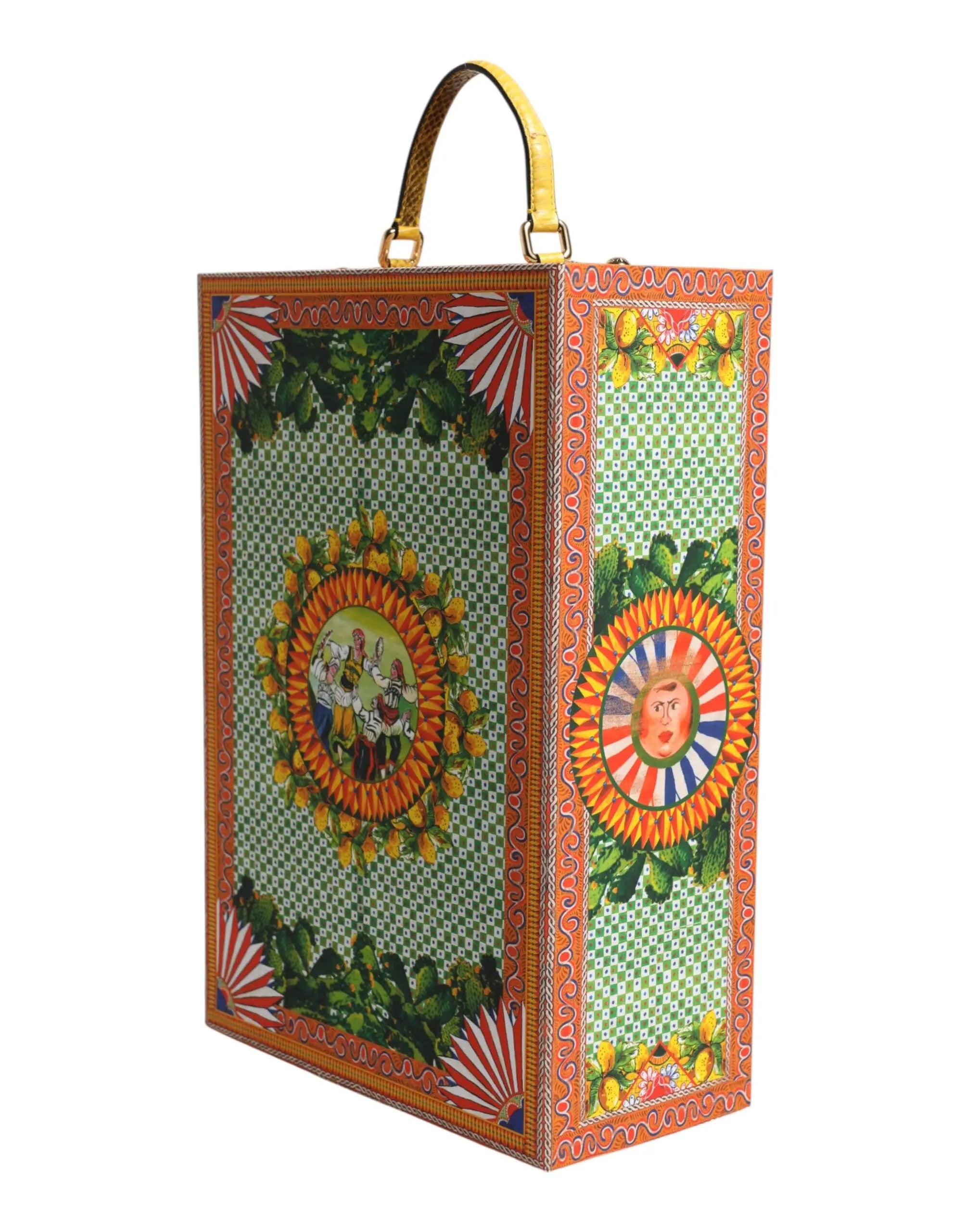 Sac à main rectangulaire vibrant dolce & gabbana en cuir sicily avec design orné coloré et motifs citron sur fond vert à carreaux