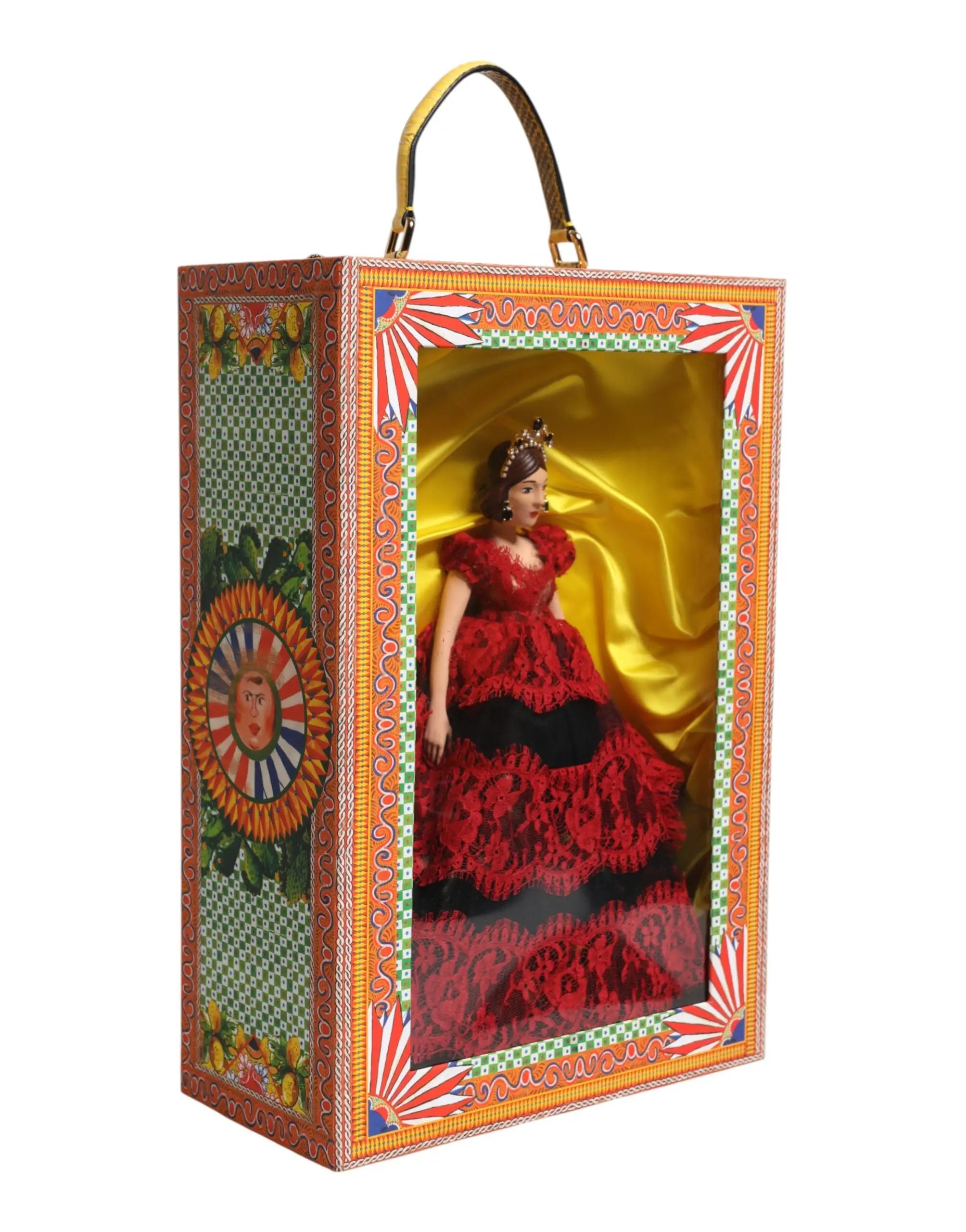 Poupée dolce & gabbana en porcelaine avec robe rouge et noire en dentelle dans boîte décorative en cuir avec poignée dorée