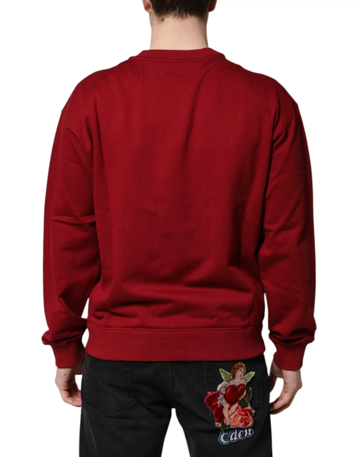 Sweatshirt dolce & gabbana rouge en coton avec logo embossé et design ange brodé tenant des roses sur le dos