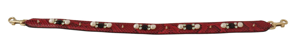 Strape d’épaule dolce gabana rouge en cuir exotique motif peau de serpent avec accents de perles noires et blanches