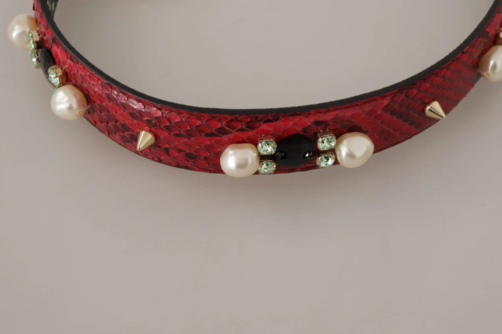 Dolce & gabbana bandoulière rouge en cuir exotique avec imprimé serpent ornée de perles crème onyx noir et pointes dorées