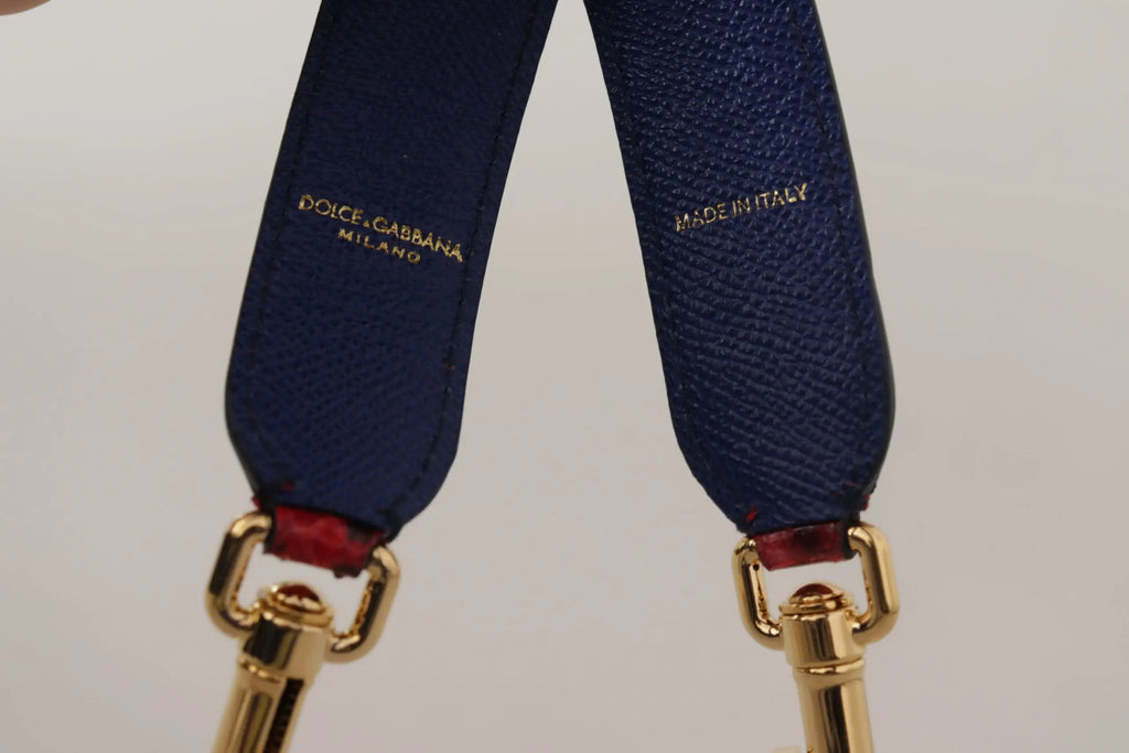Sangle d’épaule en cuir bleu profond avec ferrures dorées et logo embossé dolce & gabbana milano pour sac rouge en cuir exotique
