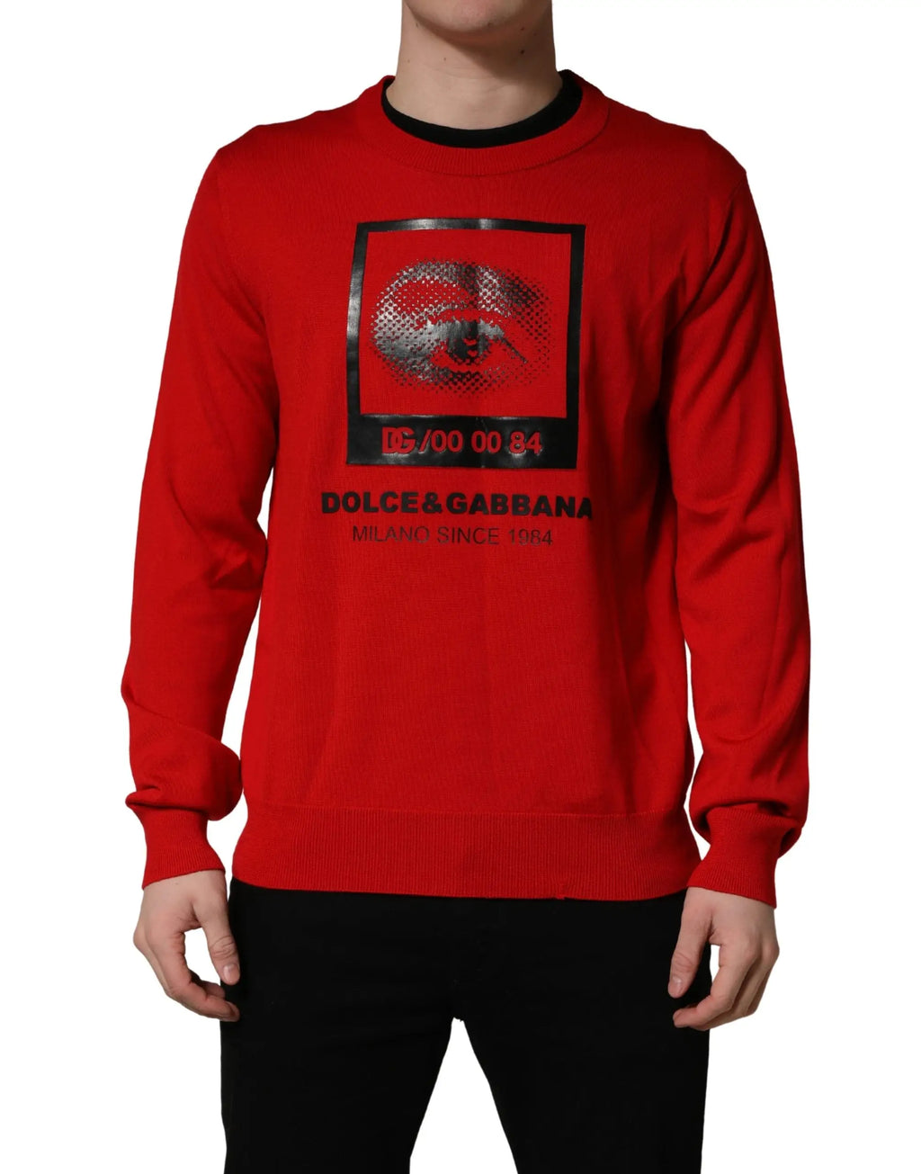 Dolce & Gabbana sweat rouge à col rond noir avec imprimé œil argenté métallisé encadré carré manches longues