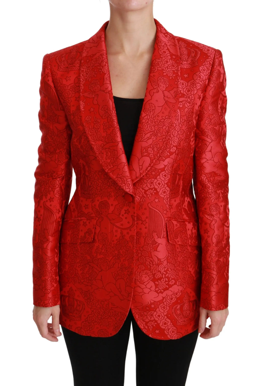 Veste blazer dolce & gabbana rouge vif en satin texturé avec broderies florales et figuratives détaillées