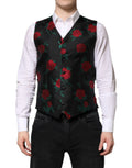 Noir dolce & gabbana red floral brocade gilet homme à broderie de rose rouge et feuille verte pour cérémonie