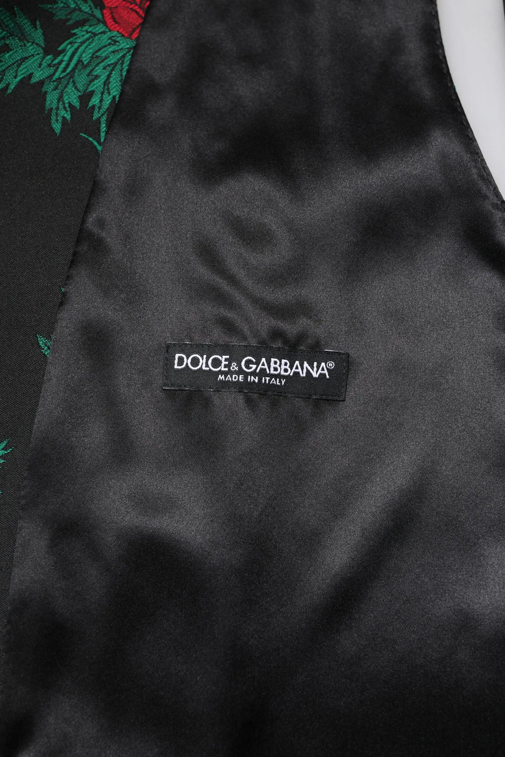 Dolce & Gabbana gilet noir en satin avec broderie florale rouge et verte pour homme formel
