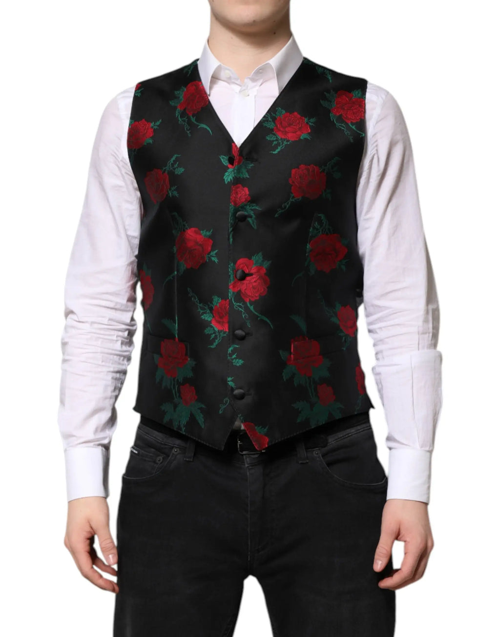 Dolce & Gabbana veste noir en brocart avec broderie rouge de rose et feuille verte pour homme formel