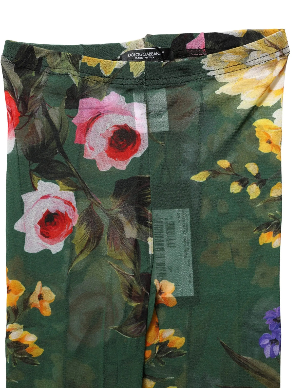 Pantalon dolce & gabbana vert à imprimé floral avec fleurs roses jaunes et violettes sur tissu vert foncé