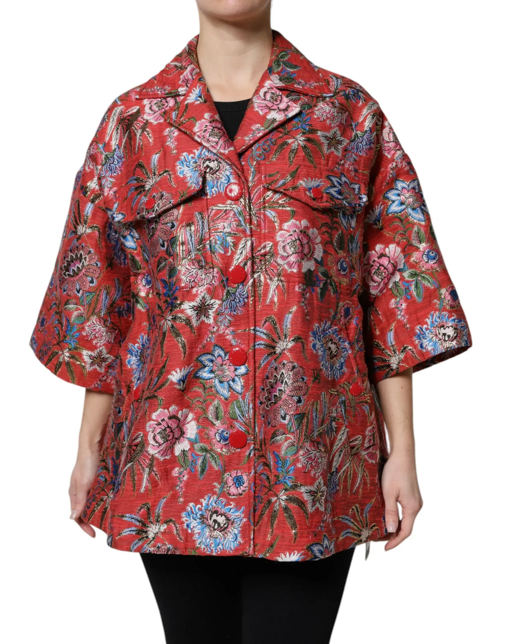 Dolce & Gabbana veste rouge en jacquard floral avec boutons et manches trois-quarts bleu et rose
