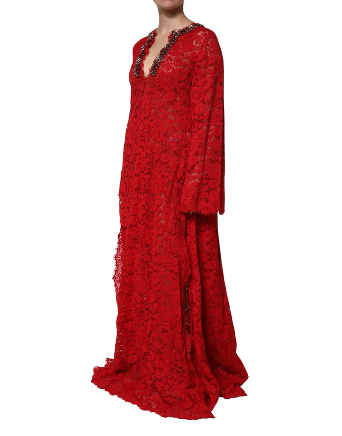 Robe rouge dolce & gabbana en dentelle florale avec manches longues et décolleté plongeant ornée de strass