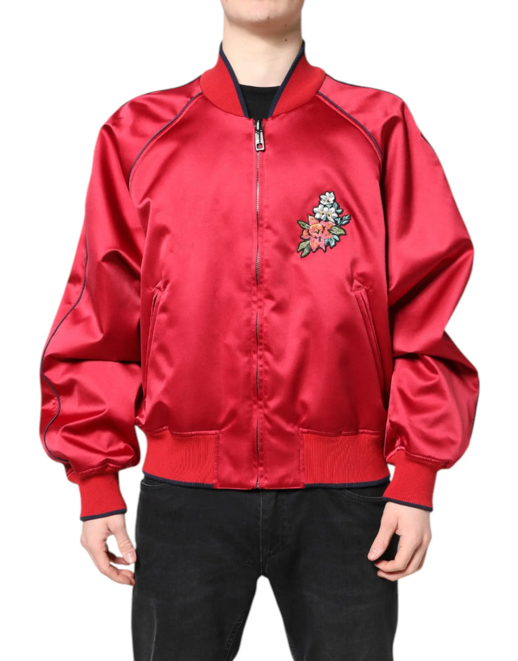 Dolce & gabbana bomber rouge en satin avec broderie florale sur la poitrine gauche pour homme