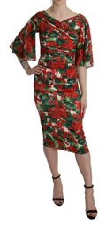 Robe midi en soie stretch rouge à motif floral de dolce & gabbana avec encolure drapée épaules dénudées manches volantées et corsage froncé