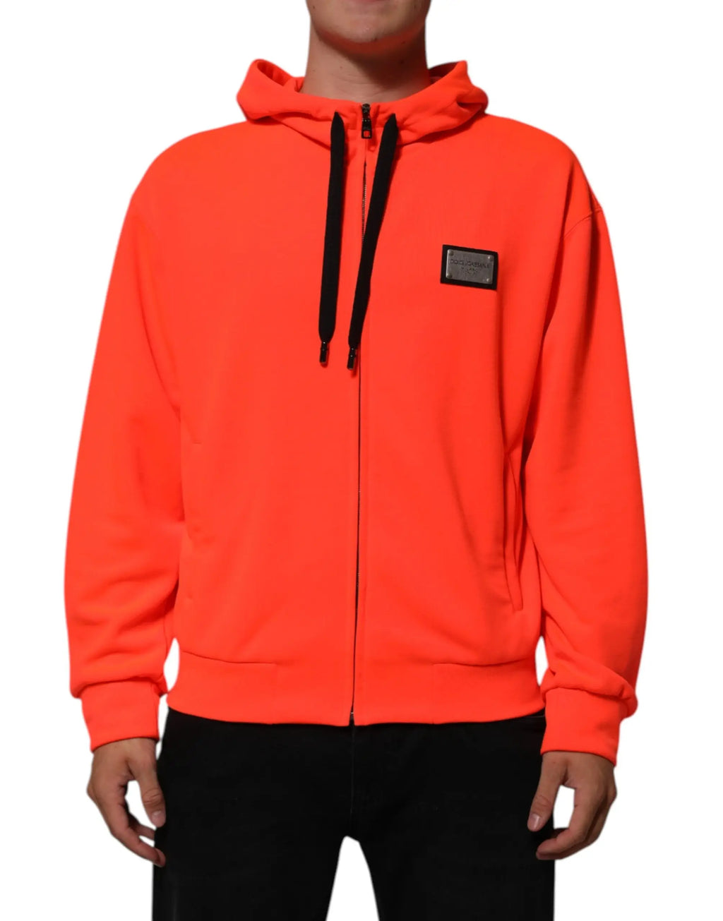 Sweat à capuche zip orange vif en polyester avec cordons noirs et patch logo rectangulaire dolce & gabbana