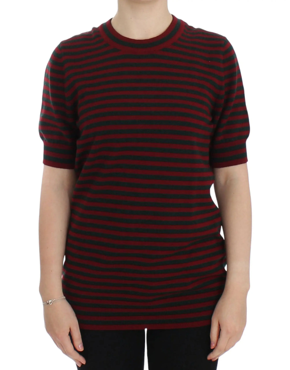 Dolce & gabbana pull court en cachemire rouge et gris avec manches courtes à rayures rouges et noires en maille douce