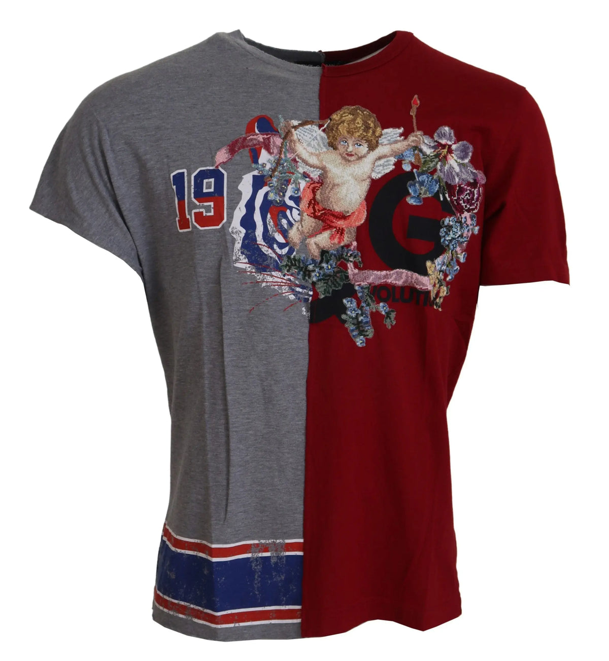 T-shirt Dolce & Gabbana rouge et gris à manches courtes avec motif ange brodé et ourlet rayé usé